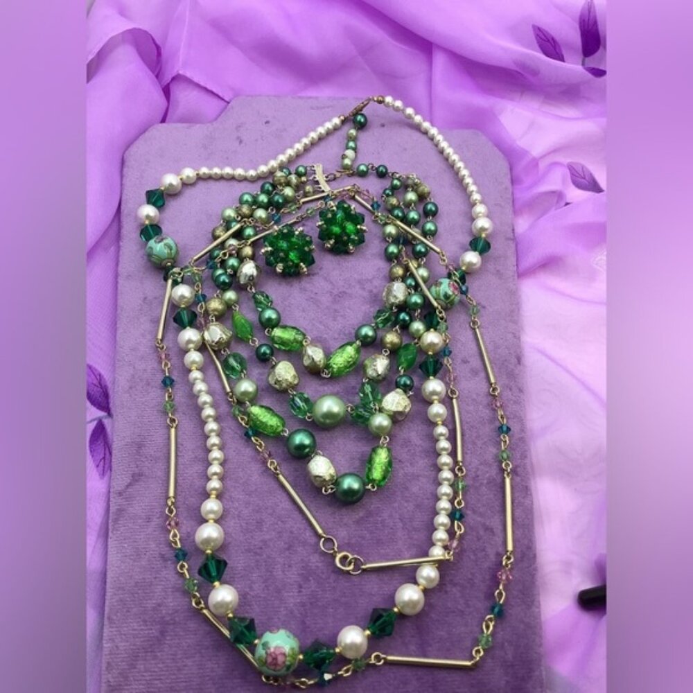 Vintage Emerald Greens Three necklaces and a pair of Clip earrings